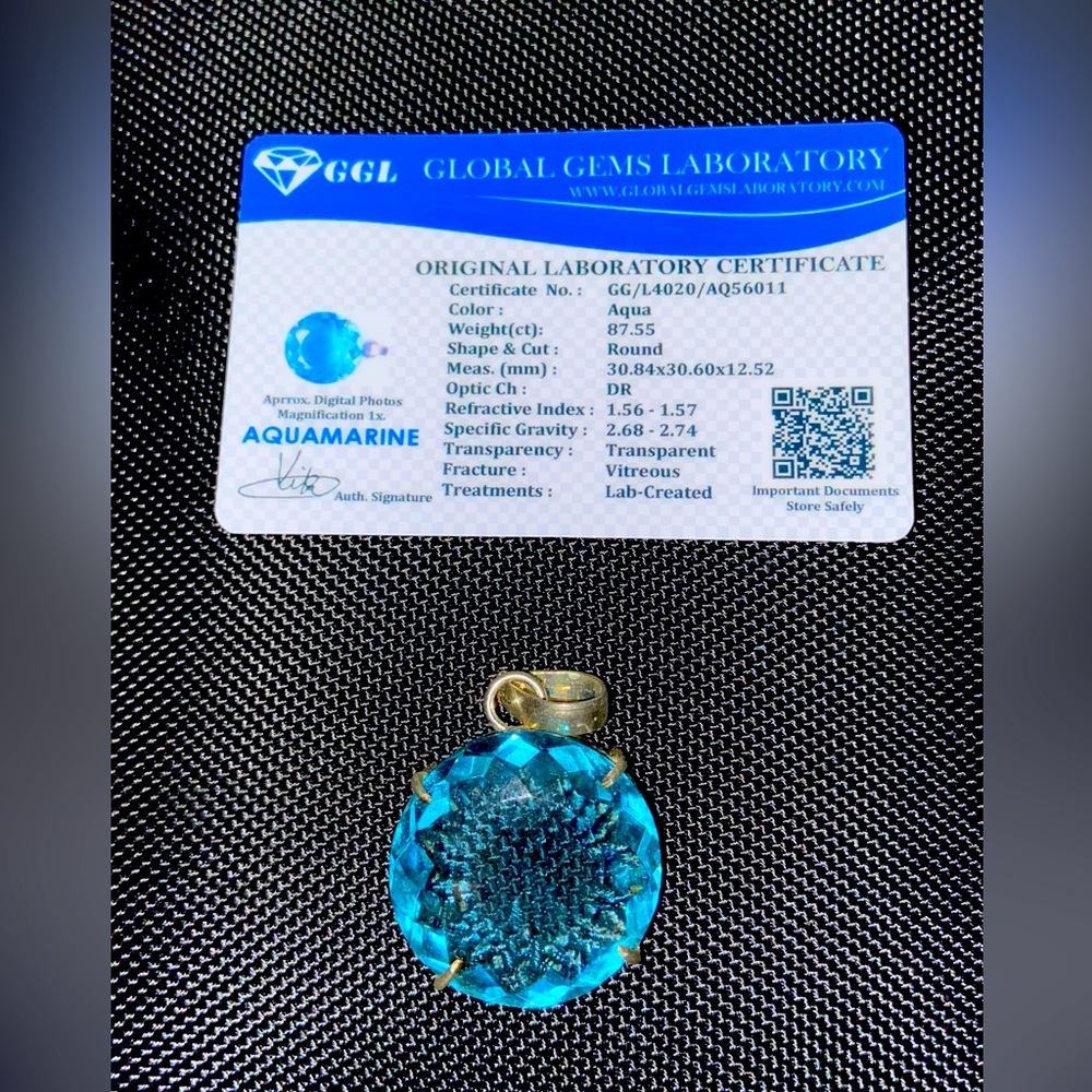 Lab Created Aquamarine Round Cut Pendant 87.55 Carats